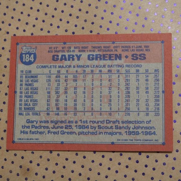 Gary Green #184 Baseball Card - Picture 2 of 2